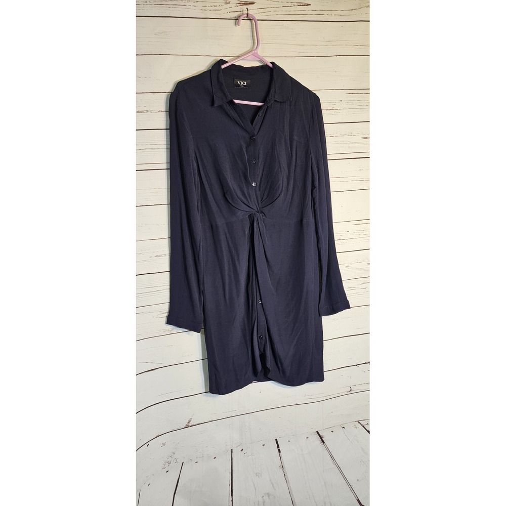 Vici Navy Blue Button Front Twist Front Shirt Dress Long Sleeve Knee Length S